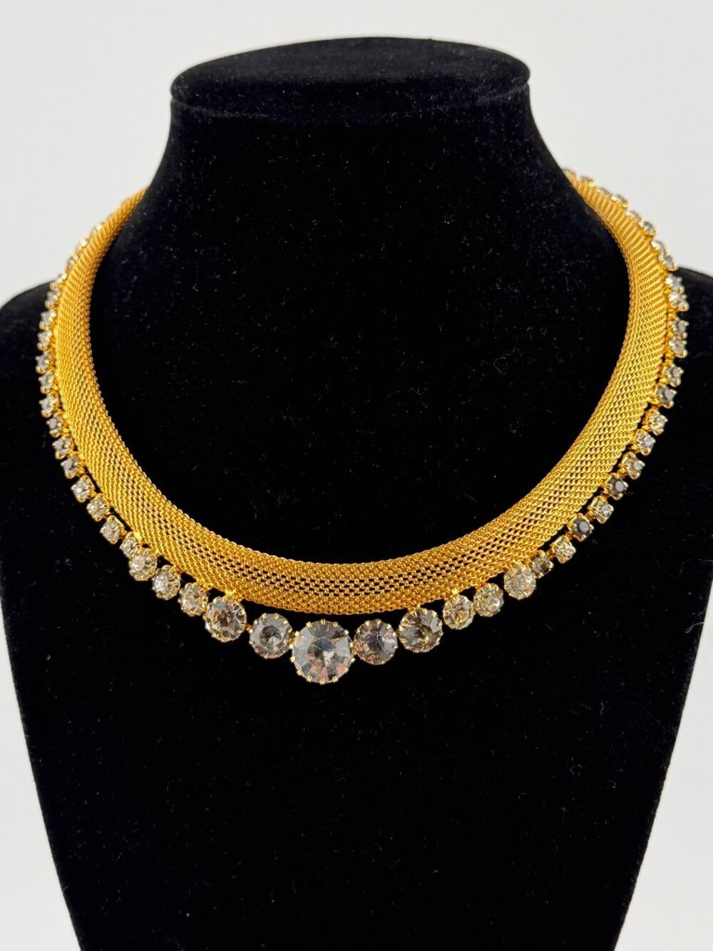VTG Gold Tone Mesh Rhinestone Choker Necklace | 16" Graduated Crystal Collar